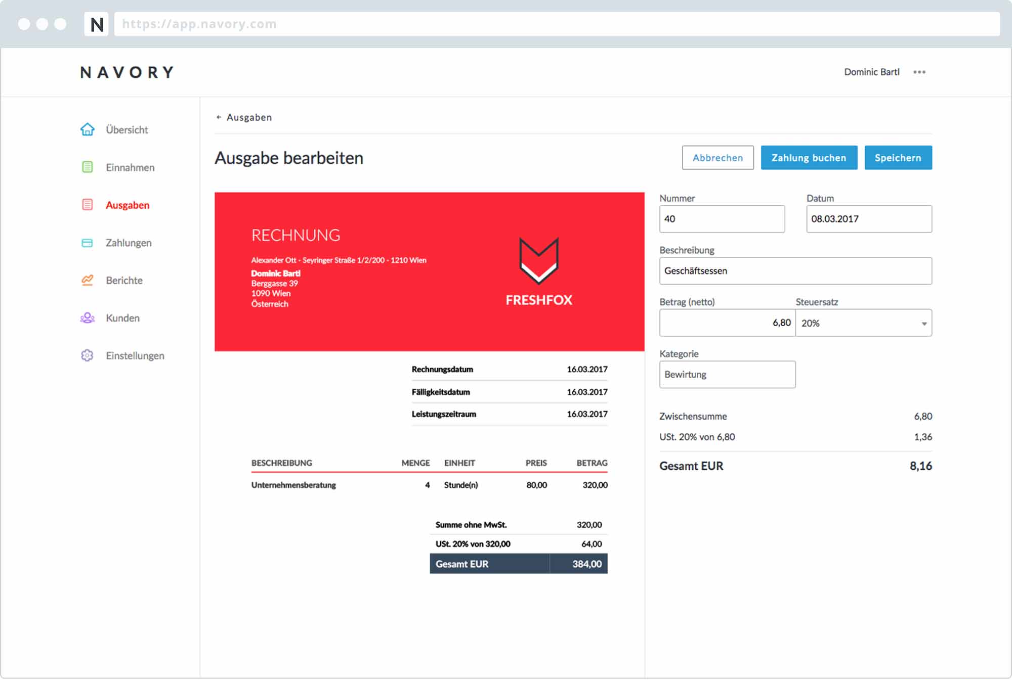 Navory Applikation mit Ausgabenmodul