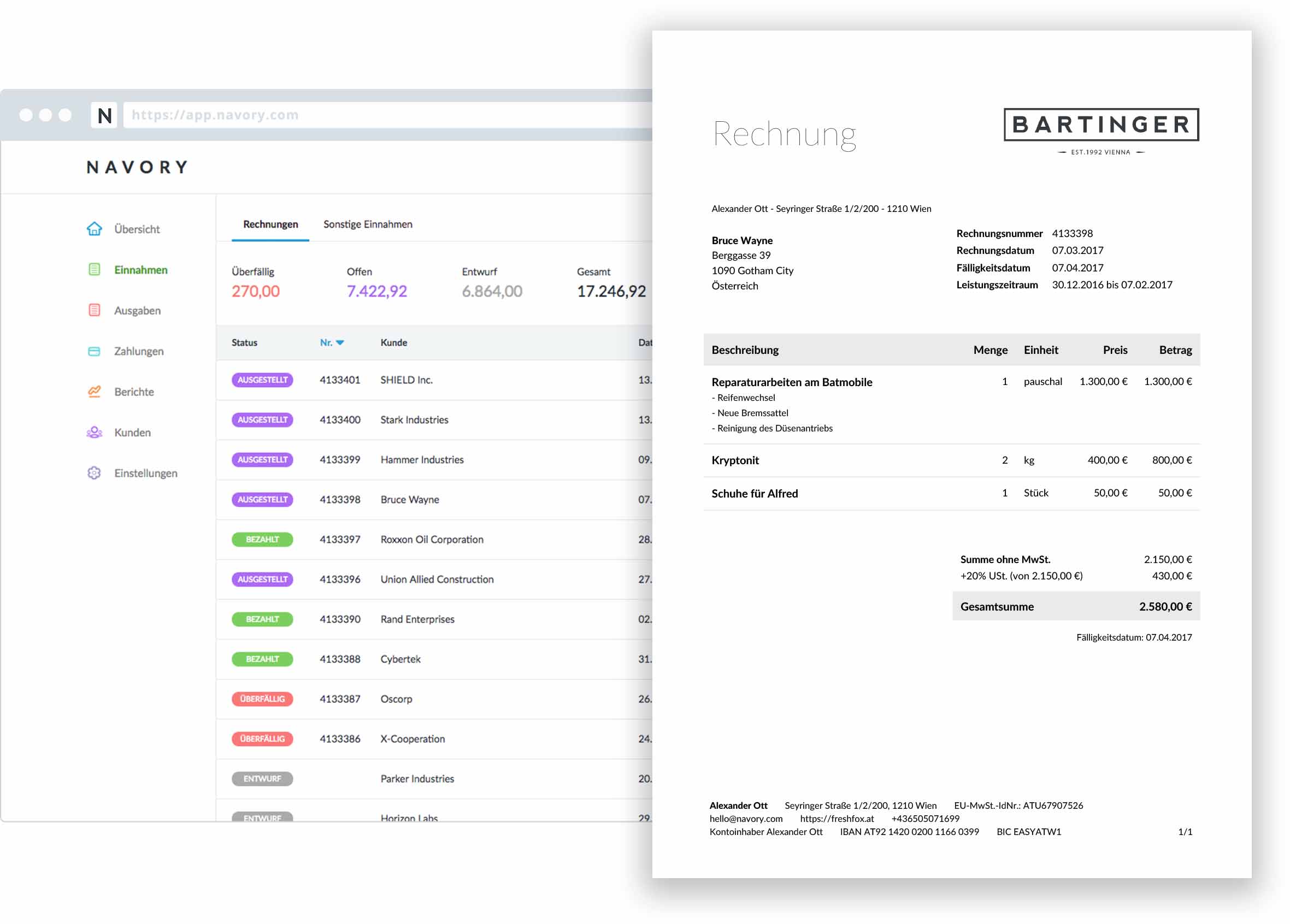 Navory Applikation mit Rechnungsmodul