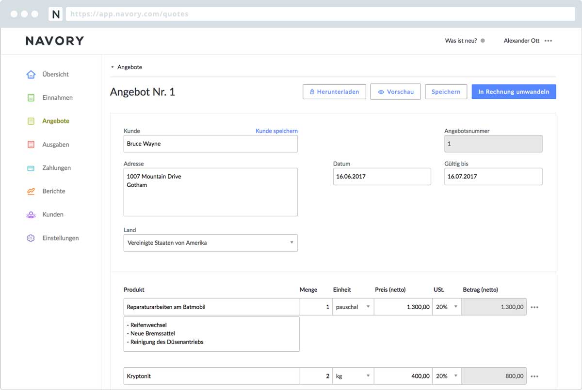 Navory Buchhaltungssoftware mit Angebotserstellung