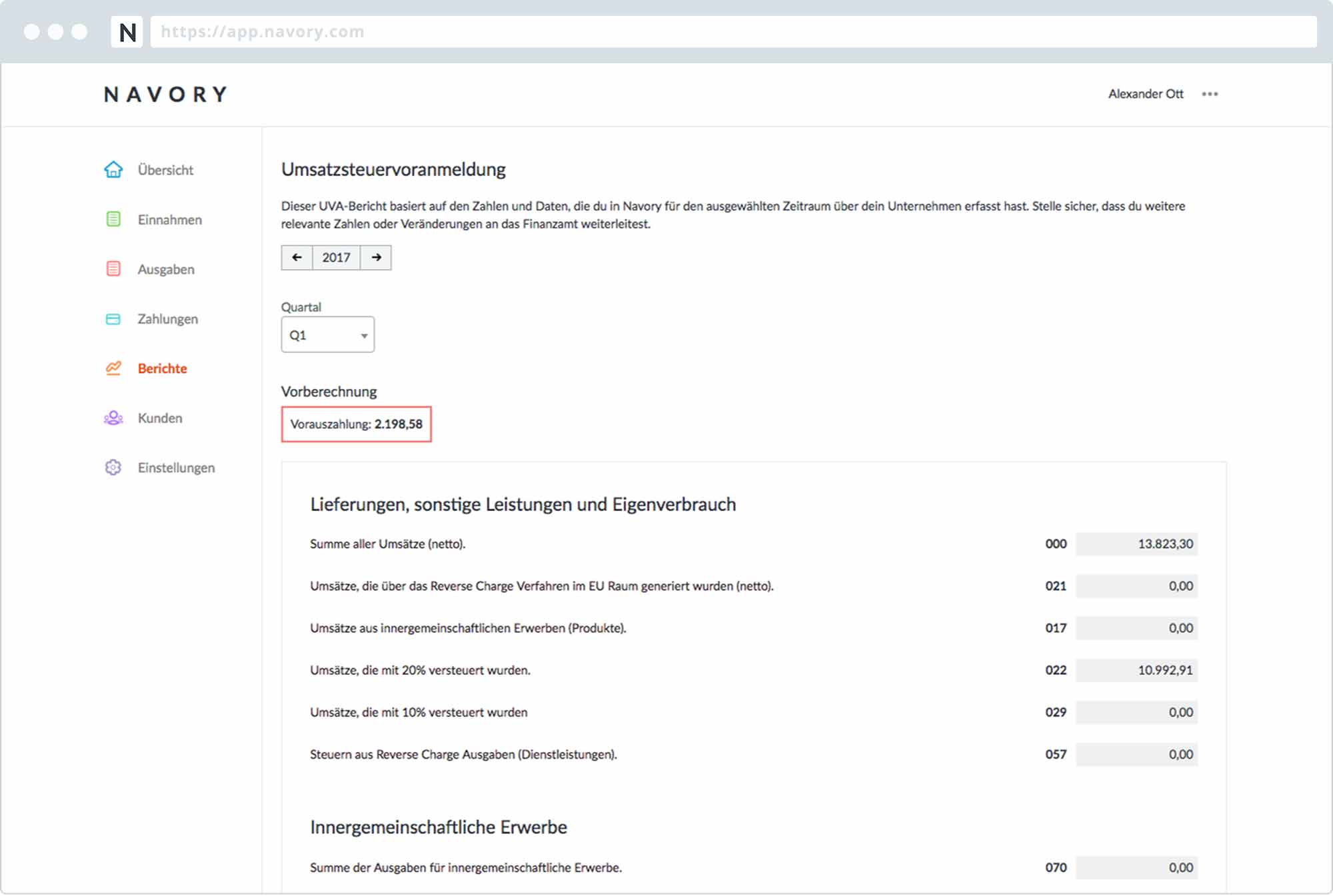 Navory Applikation mit automatischem Umsatzsteuerbericht
